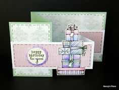 two greeting cards with gift boxes on them, one is folded and the other has a card saying happy birthday to you