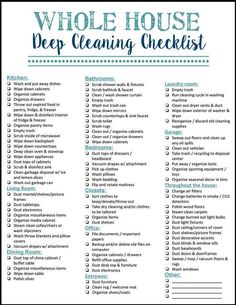 the whole house deep cleaning checklist is shown in blue and white with words above it