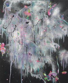 an abstract painting with white and pink paint on black paper, featuring icicles hanging from the ceiling