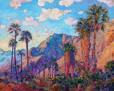 an oil painting of palm trees and mountains