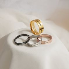 This Custom Engraved Ring is perfect for everyday wear. The Minimalist style design. Dainty Ring are available in silver, gold, black and rose gold, and 3 styles : Skinny Ring, Mid-Ring, Thick Band Ring. Also, this dainty ring can be engraved however you desire Type your name, Where you and your lover First Met or other special meaning words to design it, make your rings unique and show off your personality. Suitable for all kinds of occasions, wedding day gift, birthday best friend ring, annive Luxury Symbolic Engraved Ring For Promise, Cheap Engraved Ring For Women As Gift, Luxury Minimalist Engraved Ring For Everyday, Luxury Engraved Rectangular Ring For Gift, Cheap Symbolic Engraved Promise Ring, Personalized Engraved Ring For Gift, Luxury Personalized Engraved Promise Ring, Cheap Hallmarked Engraved Ring For Anniversary, Cheap Custom Name Engraved Ring As Gift