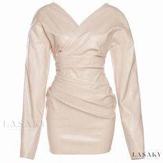 Lasaky - Fashionable Deep V-neck Long Sleeve Bodycon Dress in Exquisite Leather Basic Dresses, Black Ruched Dress, Long Sleeve Fitted Dress, Dress Party Night, Leather Mini Dress, Faux Leather Dress, Chic Leather, Clubwear Dresses, Popular Dresses