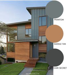 the exterior of a modern home with wood and gray paint samples in shades from dark to light