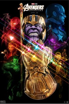 the avengers movie poster is shown with many different colors and characters around it, including thanos