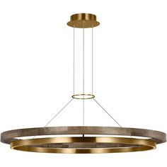 a large circular light fixture with two lights hanging from the ceiling and one is gold