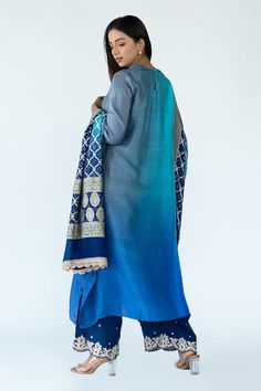 Blue ombre kurta in an asymmetric silhouette. Comes with an ombre banarasi dupatta featuring woven floral zari pattern and bandhej motifs. - Aza Fashions Blue Semi-stitched Cotton Silk Kurta, Semi-stitched Blue Cotton Silk Kurta, Blue Kurta With Dupatta In Traditional Drape, Designer Blue Unstitched Dupatta, Blue Unstitched Dupatta For Designer Wear, Blue Traditional Drape Kurta With Dupatta, Blue Cotton Silk Salwar Kameez With Straight Kurta, Traditional Blue Straight Kurta With Sheer Dupatta, Blue Chanderi Palazzo Set With Dupatta