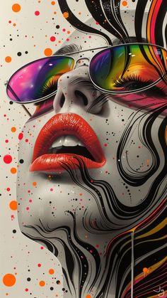 a woman's face with colorful glasses on it