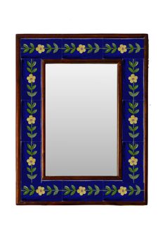 a blue mirror with flowers and leaves painted on it