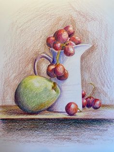 a drawing of a pitcher with cherries and a green apple on the table next to it