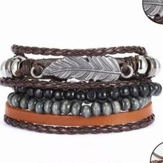 Leather Brown & Black Braided & Bead Men's Bracelet Set (3) Nice Genuine Leather Set Of 4 Brand New Perfect Men's Gift Casual Brown Bracelet With Black Beads, Casual Brown Bracelets With Black Beads, Casual Brown Beaded Braided Bracelets, Casual Black Leather Beaded Bracelets, Adjustable Brown Beaded Bracelets With Black Beads, Casual Brown Braided Bracelets With Round Beads, Casual Brown Leather Beaded Bracelets, Brown Leather Beaded Bracelets With Round Beads, Male Gifts