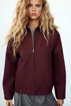 ZIPPERED POCKETS JACKET - Burgundy | ZARA United States Fall Cropped Jacket With Patch Pockets For Work, Fall Workwear Cropped Jacket With Patch Pockets, Collared Sport Coat For Work, Classic Outerwear With Zipper Closure And Lapel Collar, Fall Collared Sport Coat With Patch Pockets, Fall Cropped Jacket With Flap Pockets For Work, Casual Outerwear With Concealed Placket For Work, Casual Workwear Outerwear With Concealed Placket, Fall Utility Jacket With Pockets For Work