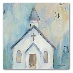 a painting of a white church with a cross on it