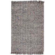 a gray rug with fringes on the top and bottom, against a white background