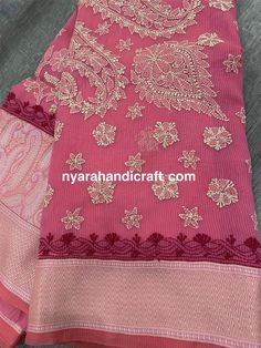 Soft and lightweight Chanderi Chikankari Saree with a unique Jamawar border in contrast colors. Beautiful Chikankari is a famous hand embroidery style from Lucknow, City of Nawabs, India! FALL ATTACHED AND PETTICOAT INCLUDED ! Includes a matching blouse piece too. Traditional Pink Sharara With Chikankari Embroidery, Traditional Pink Georgette Sets, Traditional Pink Sharara With Pallu, Navratri Pink Chikankari Traditional Wear, Traditional Pink Sharara For Ceremonies, Pink Anarkali Embroidered Fabric For Puja, Traditional Pink Salwar Kameez With Cutdana, Pink Chikankari Embroidery Dupatta For Transitional Season, Pink Salwar Kameez With Chikankari For Traditional Ceremonies