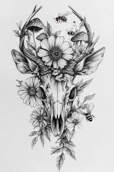 a drawing of a bull skull with flowers on it's head and bees flying around