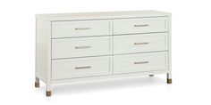 a white dresser with four drawers and two handles on each drawer, in front of a white background