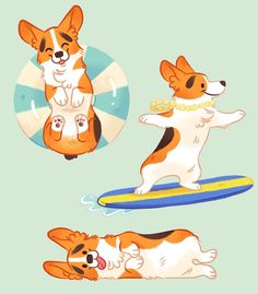 three cartoon dogs are on surfboards and one is holding a frisbee in its mouth