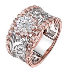 a rose gold and silver ring with an intricate design on the center, surrounded by round diamonds