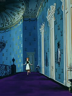 an animated image of a woman in a room with blue walls and chandeliers