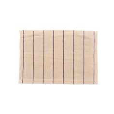 a beige and black striped dish towel on a white background with dark blue pinstripe