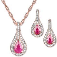 The Gorgeous Blue Hues Of Pear-Cut Rubies Are Enhanced By Shimmering Diamond Accents In This Gorgeous Pendant Necklace And Matching Drop Earrings Jewelry Set. 2-Pc. Set Ruby (1 Ct. T.W.) & Diamond (1/20 Ct. T.W.) Pendant Necklace & Matching Drop Earrings In 14k Rose Gold Plated Sterling Silver. Singapore Link Chain. Approx. Necklace Length: 18"; Approx. Drop:16 Mm. Approx. Earring Drop:14 Mm. Post Back Closure. Rubies Are Heat Treated. Photos Have Been Enlarged. The Set Is Brand New, $350-Retail Fine Jewelry Pink Teardrop Pendant, Pink Teardrop Pendant Fine Jewelry, Macy's Teardrop Jewelry With Matching Earrings, Elegant Ruby Jewelry Sets In Pink, Elegant Pink Ruby Jewelry Sets, Macy's Teardrop Jewelry For Anniversary, Rose Gold Ruby Jewelry With Diamond Accents, Rose Gold Teardrop Ruby Jewelry, Macy's Pink Jewelry For Anniversary