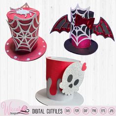 three halloween hats with bats, skulls and spider webs on them are featured in this image