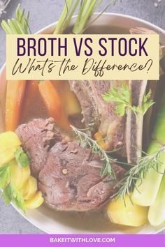 Stock basics with beef and veggies ready to cook with vignette and text header for stock vs broth. Homemade Beef Broth Recipes, Stock Vs Broth, Meat Stock Vs Bone Broth, Light Soups, Turkey Broth, Thanksgiving Cooking, Beef Bone Broth, Beef Bones