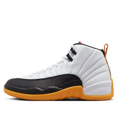 Celebrate the 25th Anniversary of Jordan Brand’s presence in China with the luxurious Air Jordan 12 Retro '25 Years in China' Collection. Featuring white leather uppers, lizard-textured mudguards, and Jumpman branding on the tongue and heel tab. Showcasing a distinctive Taxi yellow heel tab highlighting ‘Celebrating 25 White Basketball Shoes With Padded Tongue And Round Toe, Classic Leather Sneakers With Padded Tongue, Classic White Sneakers With Padded Tongue, Sporty White Basketball Shoes With Textured Sole, Jordan 12 Shoes, Orange Basketball Shoes, Basketball Shoes For Men, Retro Basketball Shoes, Air Jordan 12