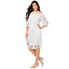 Roaman's Women's Plus Size Off-The-Shoulder Lace Dress Dress.Look great from every angle in this charming allover lace dress featuring so-pretty scalloped edging. Elasticized neckline, three-quarter bell sleeves. Fully lined body. 40" lengthPolyMachine washImported. About the brand: Roamans is known for our fashionable plus size clothing. Weve made it our goal to provide clothing for plus size women that doesnt scream plus size but matches the fun styles of current fashion trends instead. Roaman Plus Size Lace Dress, Cold Shoulder Lace, Jersey Knit Dress, Plus Size Outerwear, Textured Dress, Long Dress Casual, Maxi Dress Formal, Current Fashion Trends, Loose Dress