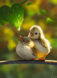 two little chicks sitting next to each other on top of a tree branch with the caption good morning