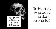 a black and white photo with the words in hamlet, who does the skull belong to?