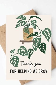 thank you for helping me grow card with a potted plant on the front and bottom