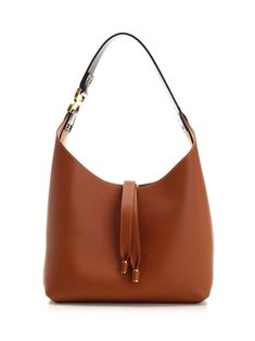 Small "Marcie" hobo bag in brown full grain leather from Chloé, with top closure with leather laces, suede interior, internal pocket, metallic "C" detail on the shoulder strap. Cognac Leather Shoulder Bag With Metal Hardware, Brown Leather Bucket Bag For Everyday Luxury, Leather Hobo Bag With Leather Handles For Office, Leather Hobo Bag With Metal Hardware, Formal Cognac Hobo Bag With Leather Handles, Luxury Brown Soft Leather Hobo Bag, Formal Brown Hobo Bag With Leather Handles, Leather Bucket Bag With Palladium Hardware For Office, Luxury Brown Bucket Bag With Metal Hardware