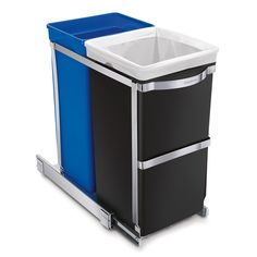 a black and blue trash can sitting on top of a metal cart