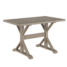 a wooden table with two cross legs and a gray top on an isolated white background