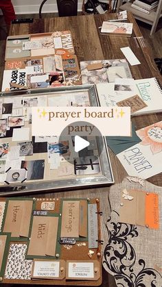 a wooden table topped with lots of different types of cards and papers on top of it