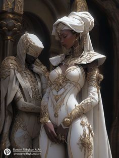 two women dressed in white and gold are standing next to each other with their hands on their hips