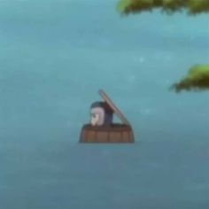 a cartoon character floating in the water with his head sticking out from behind a boat