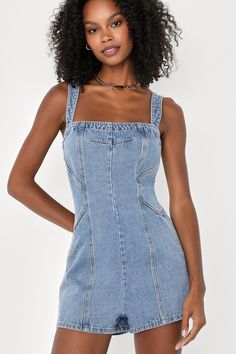 You'll always make the best dressed lists when you've got the Lulus Trendy Attitude Medium Wash Backless Denim Romper! Sturdy cotton denim shapes this ultra-cute romper that has wide tank straps and a flirty open back, crossed by a single strap. Seamed paneling at the front creates a flattering fit, and attached shorts boast twin front diagonal pockets and two patch pockets at the back. Elastic and hidden zipper/clasp at back for fit. Fit: This garment fits true to size. Length: Above mid-thigh. Cotton Denim Jumpsuit With Adjustable Straps In Medium Wash, Cotton Denim Jumpsuit With Adjustable Straps, Spring Medium Wash Jumpsuits And Rompers With Adjustable Straps, Trendy Denim Jumpsuit With Adjustable Straps, Chic Sleeveless Light Wash Denim Jumpsuit, Chic Sleeveless Medium Wash Denim Jumpsuit, Chic Sleeveless Cotton Denim Jumpsuit, Trendy Sleeveless Denim Jumpsuit For Day Out, Spring Denim Jumpsuits And Rompers With Adjustable Straps