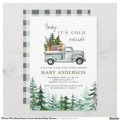 baby it's cold outside with an old truck and christmas tree on the back