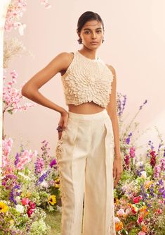 Chandrima-Ivory Petal Top-INDIASPOPUP.COM Blouse Yoke, Indian Handloom, Ivory Fabric, International Style, Pleated Pants, Cut Work, The Urban, Color Ivory, Modern Elegance