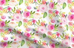 a white background with pink, yellow and green flowers on the bottom half of it