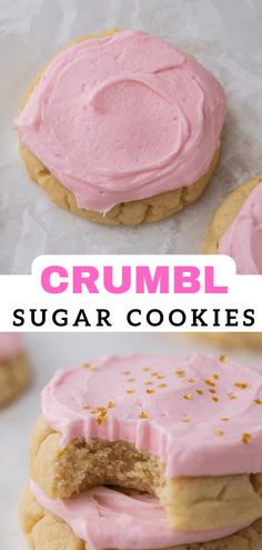 a close up of two cookies with pink frosting