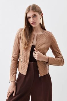 Womens Coats & Jackets | Karen Millen US Classic Leather Jacket, Jacket Collection, Womens Coats, Leather Texture, Jacket Design, Karen Millen, Women's Coats & Jackets, Tailored Trousers, Sleeve Detail