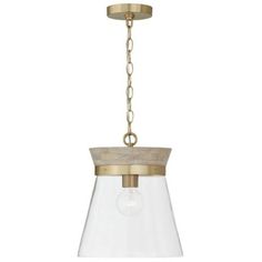 a brass and glass pendant light fixture with a chain hanging from the ceiling, on an isolated white background