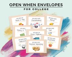 Get ready to send a thoughtful and practical gift to your college-bound loved one with these College Open When Envelope Labels! These custom labels are perfect for creating a series of surprise messages or gift cards to help them navigate through different emotions and situations while away at school. Whether it's for homesickness, stress, or just a little pick-me-up, these labels are a creative way to show you care. Add a personal touch to your care packages with these unique and heartfelt labels that are sure to bring a smile to their face with each open envelope. Perfect for any student heading off to college, these labels are a must-have addition to your college care package! WHAT'S INCLUDED ----------------- *7-page US Letter size PDF (28 labels) *7-page A4 size PDF (28 labels) DIGITA Open Envelope, Open When Envelopes, Notes Pictures, Open When Letters, Off To College, College Care Package, Envelope Labels, Open Me, Computer Paper