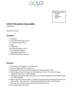 an image of a brochure with the words gol o breakfast quesadilla