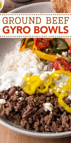 In search of recipes for lunch at home? Whip up these ground beef bowls with rice! This lunch meal idea is also a family-friendly dinner. Served with veggies, tzatziki sauce, and more, these Greek gyro bowls are healthy and delicious! Beef Gyro Bowl, Ground Beef Bowls, Gyro Bowl, Beef Bowl Recipe, Gluten Free Bowl, Beef Gyro, Gyro Recipe, Ground Beef Recipes Healthy