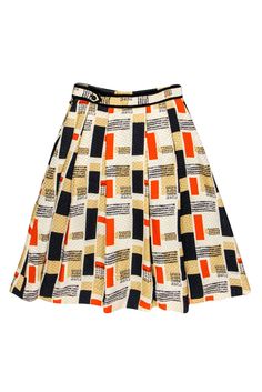 Add quirky vibes to your professional wardrobe with this skirt from Jason Wu! A unique print elevates this timeless silhouette. Perfect for the office or a networking event. Pair with a simple button-up blouse and pumps for a modern take on a classic ensemble. Size 2 70% Wool, 30% Silk Made in USA Concealed side zipper w/ button at waist Lined A-line silhouette Open pockets on front of waist Beige, navy and orange printed design Textured, pleated Waist 25" Total length 24.5" Multicolor Midi Skirt For Workwear, Retro Pleated Work Skirt, Retro Pleated Skirt For Work, Retro A-line Workwear Bottoms, Retro Relaxed Skirt For Workwear, Retro Relaxed Workwear Skirt, Retro Workwear Lined Skirt, Retro A-line Bottoms For Work, Retro Flared Skirt For Work