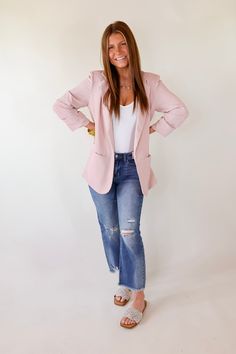 Introducing the No Bad Angle blazer, the perfect staple for your wardrobe. This classic piece is crafted from light pink material and features traditional styling with a lined collar, pockets, and sleek silhouette. Make a statement with this blazer whenever you step out. Arté is wearing a size small. Size Suggestions: Small: 2-4 | Bust: 21 inches across | Length: 28 inches Medium: 6-8 | Bust: 22 inches across | Length: 28 inches Large: 10-12 | Bust: 23 inches across | Length: 29 inches 1XL: 14-1 Sear Sucker Suit, Light Pink Blazer Outfit, Pink Blazer Outfit, Light Pink Blazer, Light Pink Blazers, Pink Blazer, Blazer Outfits, Branding Photos, Work Outfit